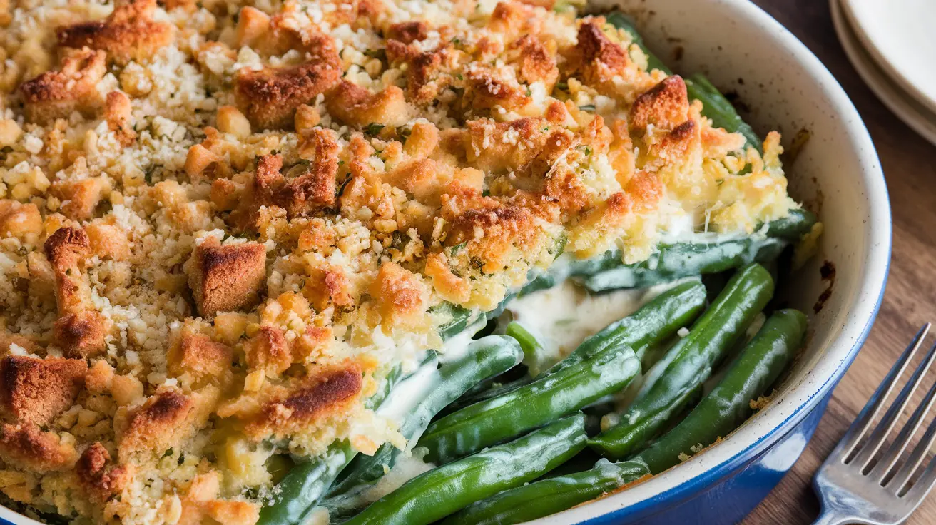 French’s Green Bean Casserole with crispy fried onions, creamy mushroom sauce, and tender green beans, served in a baking dish.