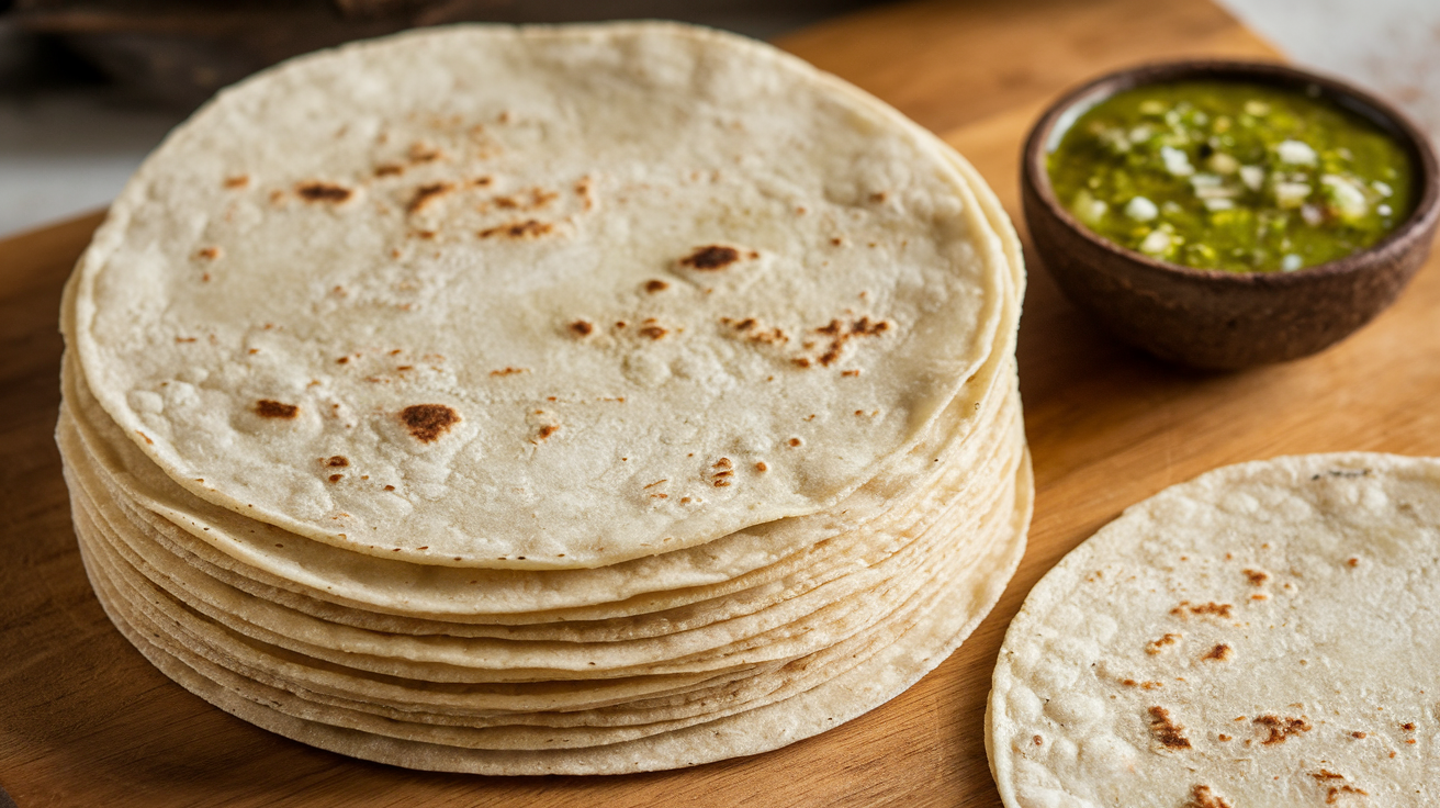A stack of freshly made corn tortillas on a wooden table, ready to be used in tacos or other Mexican dishes.